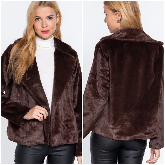 Sophisticated Chic Classic Brown Faux Fur Open Coat - Picture 4 of 6